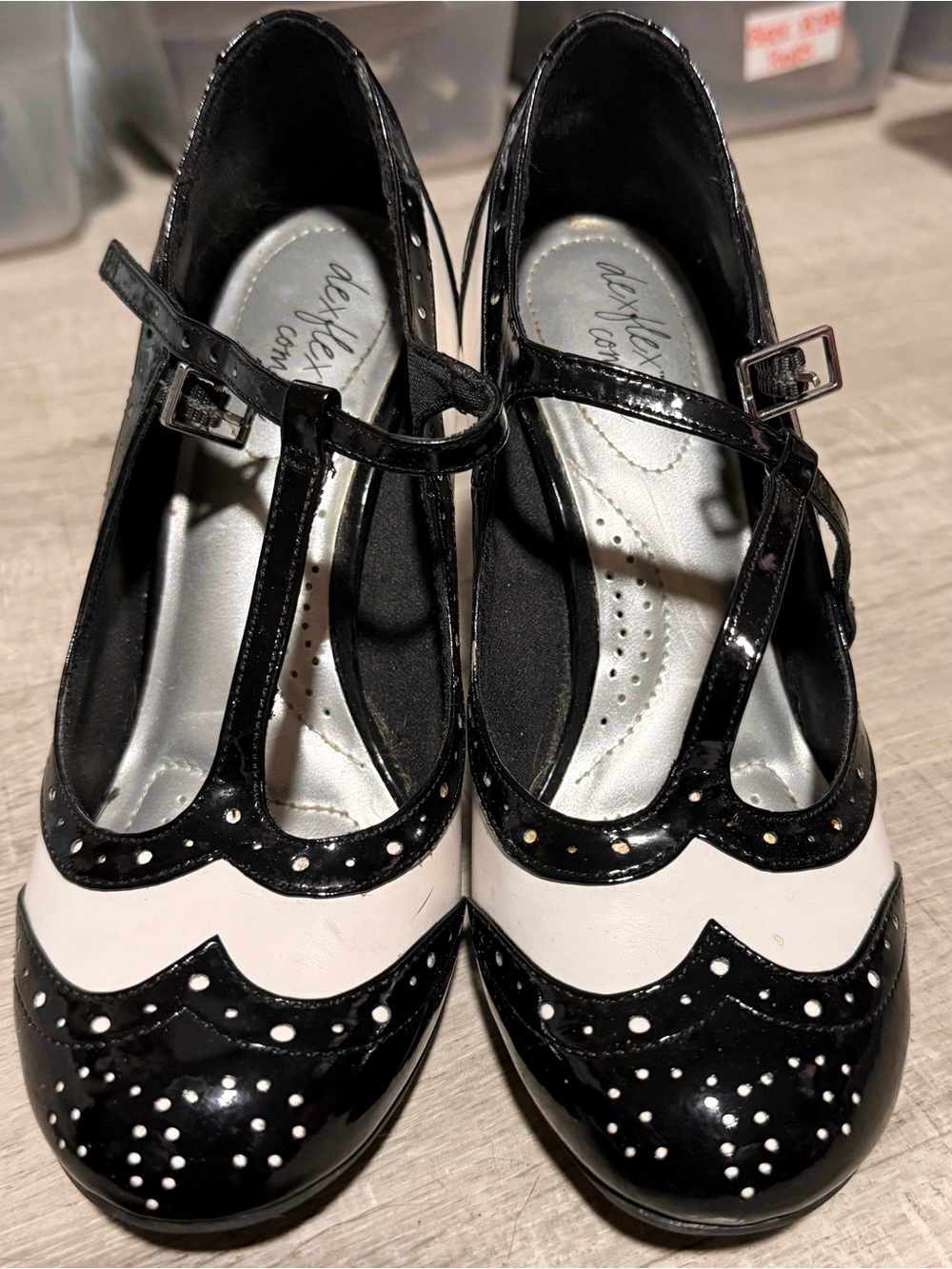 dexflex comfort Black and White T-Strap Heels